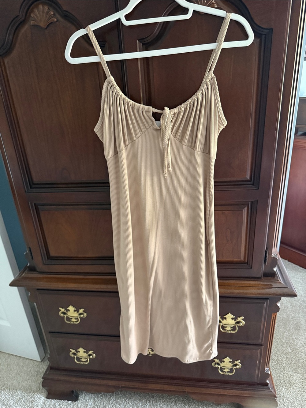 Olivia Rae Nude Ribbed Midi Slip Dress with Tie Detail